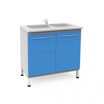 Модуль П-102-М (Тумба с двойной мойкой из акрила, смесителем, корзиной для мусора) "Бюджет"